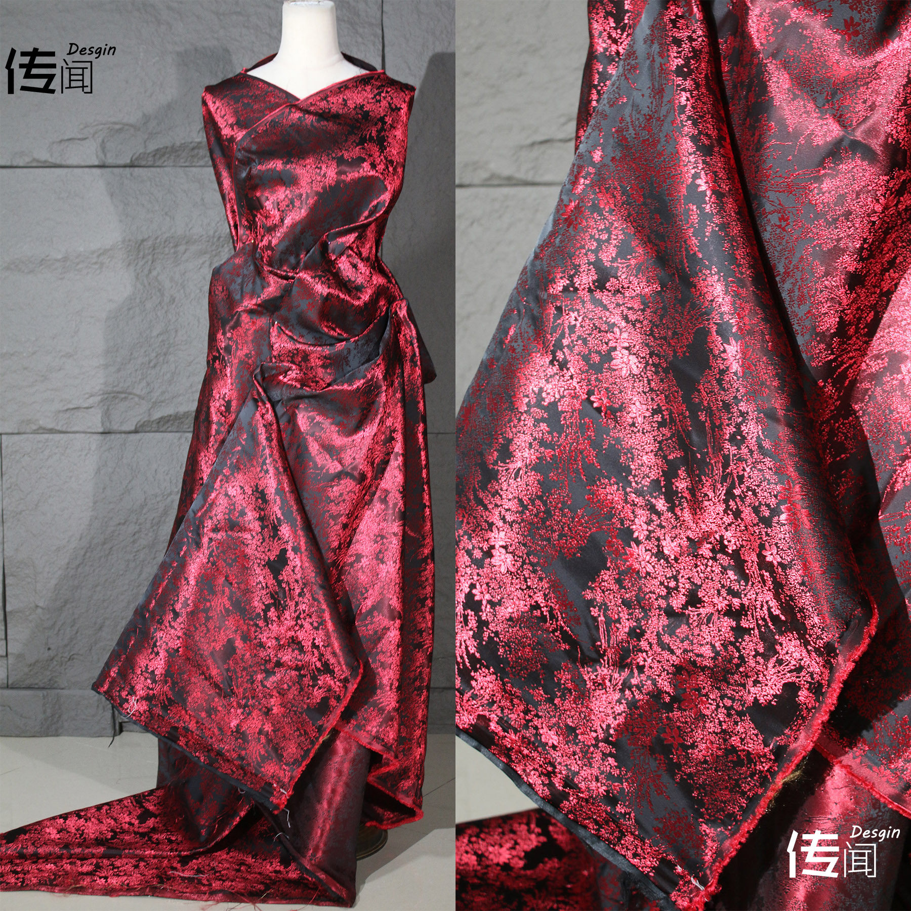 红色古风花纹提花刺绣肌理布料中国风汉服旗袍复古服装设计师面料