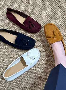 纯原意大利麂皮LP乐福鞋女一脚蹬真皮平底休闲懒人豆豆鞋老钱风