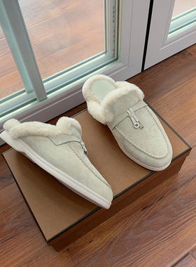 25秋冬LP加绒包头半拖鞋女外穿平底一脚蹬毛毛鞋老钱风保暖穆勒鞋