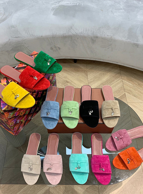 LP凉拖2025夏季新款 一字平底真皮懒人拖鞋外穿露趾一脚蹬半拖鞋