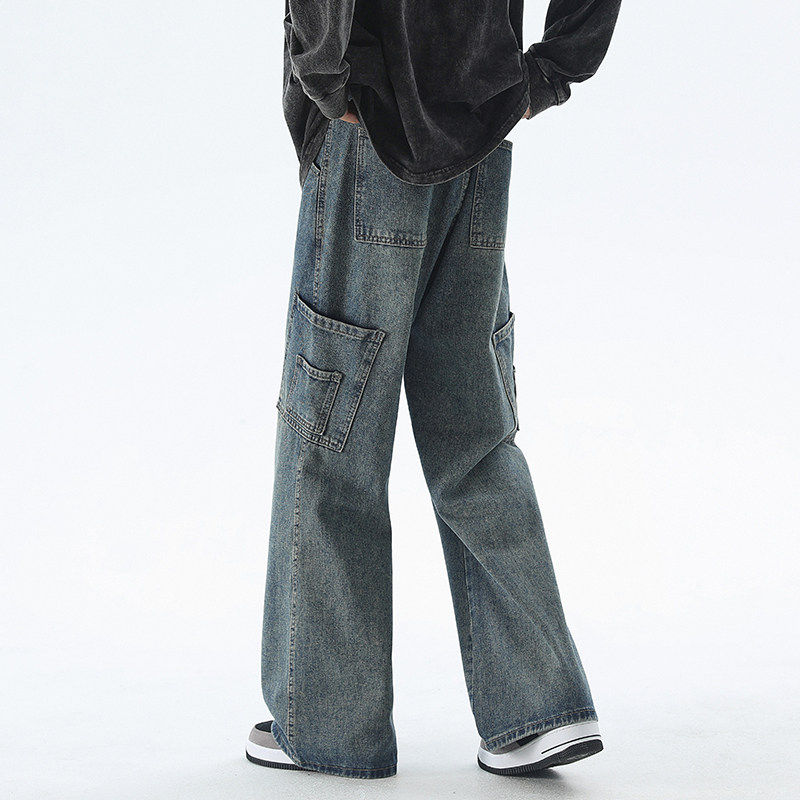 设计感工装牛仔裤男美式复古宽松阔腿直筒裤高街潮牌拖地痞帅长裤