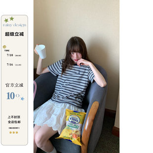 RAINY 经典刺绣条纹T恤夏季女宽松百搭圆领短袖复古打底衫上衣