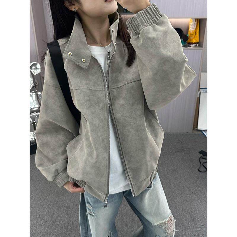 美式扎染pu皮衣短款外套男秋冬季立领棒球棉服设计感小众工装夹克