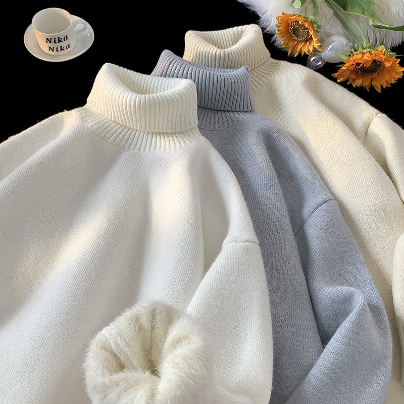 高领加绒毛衣男款冬季加厚保暖针织衫宽松衣服男士外套内搭打底衫