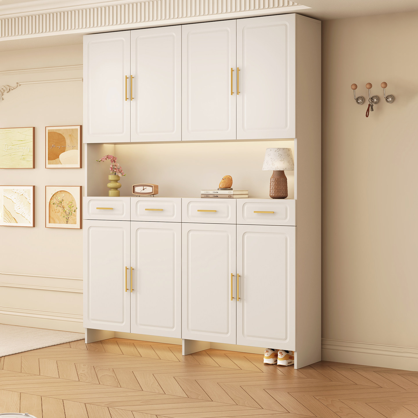 实木生态板鞋柜家用门口大容量门厅柜奶油风一体靠墙入户玄关柜子