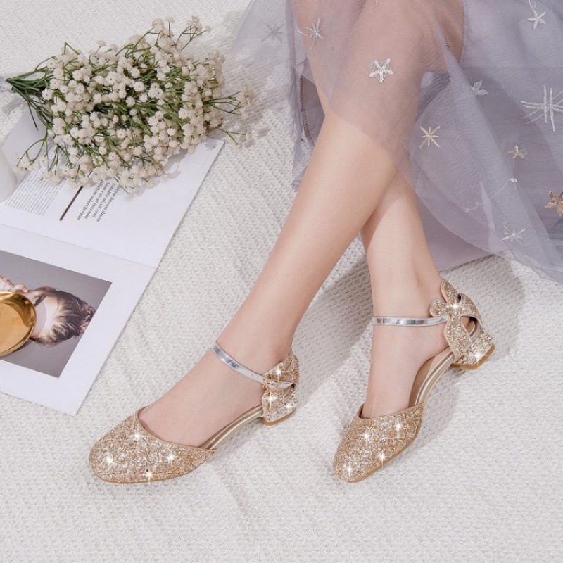 女童高跟鞋小公主舞台演出走秀模特钢琴配礼服银色花童水晶公主鞋