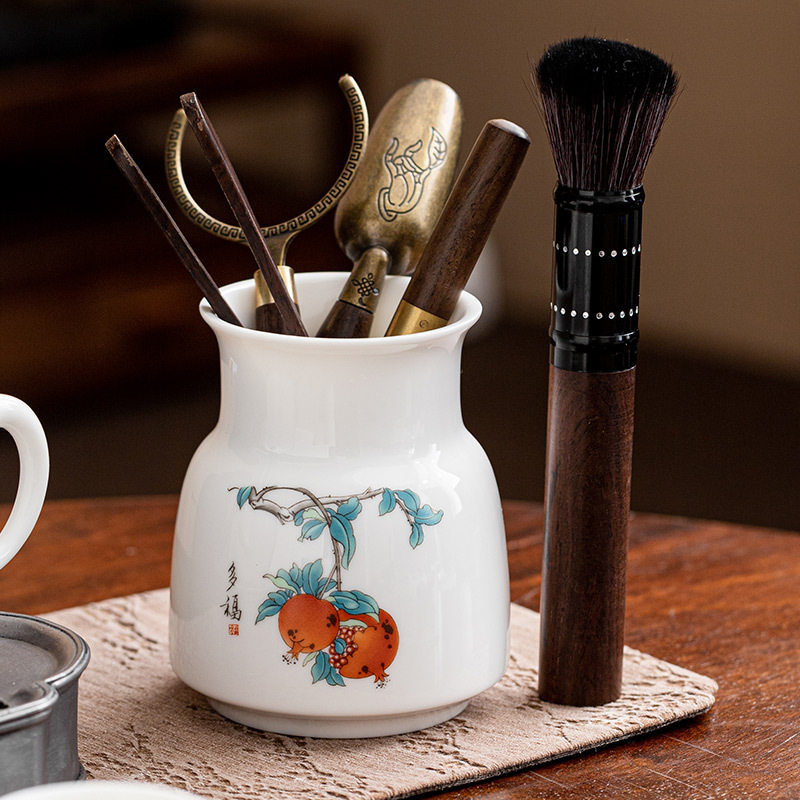 硕果累累茶道六君子套装家用泡茶工具羊脂玉瓷茶笔筒功夫茶具配件