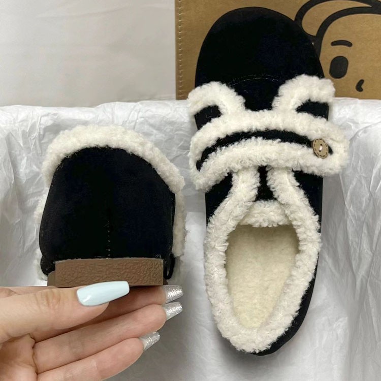 少女心可爱小蜜蜂亲子棉拖鞋女冬季外穿百搭防滑全包跟乐福豆豆鞋