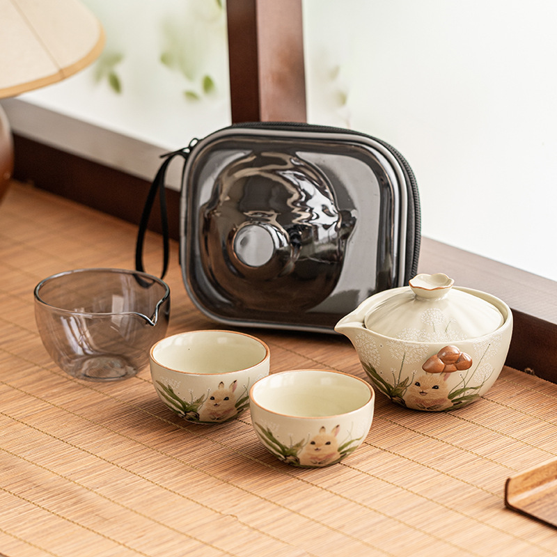 极素汝窑萌兔便携式茶具套装家用陶瓷泡茶壶茶杯旅行茶具一壶二杯