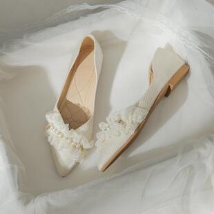 鞋子女2024爆款尖头浅口平底单鞋百搭软底伴娘婚鞋软皮舒适豆豆鞋