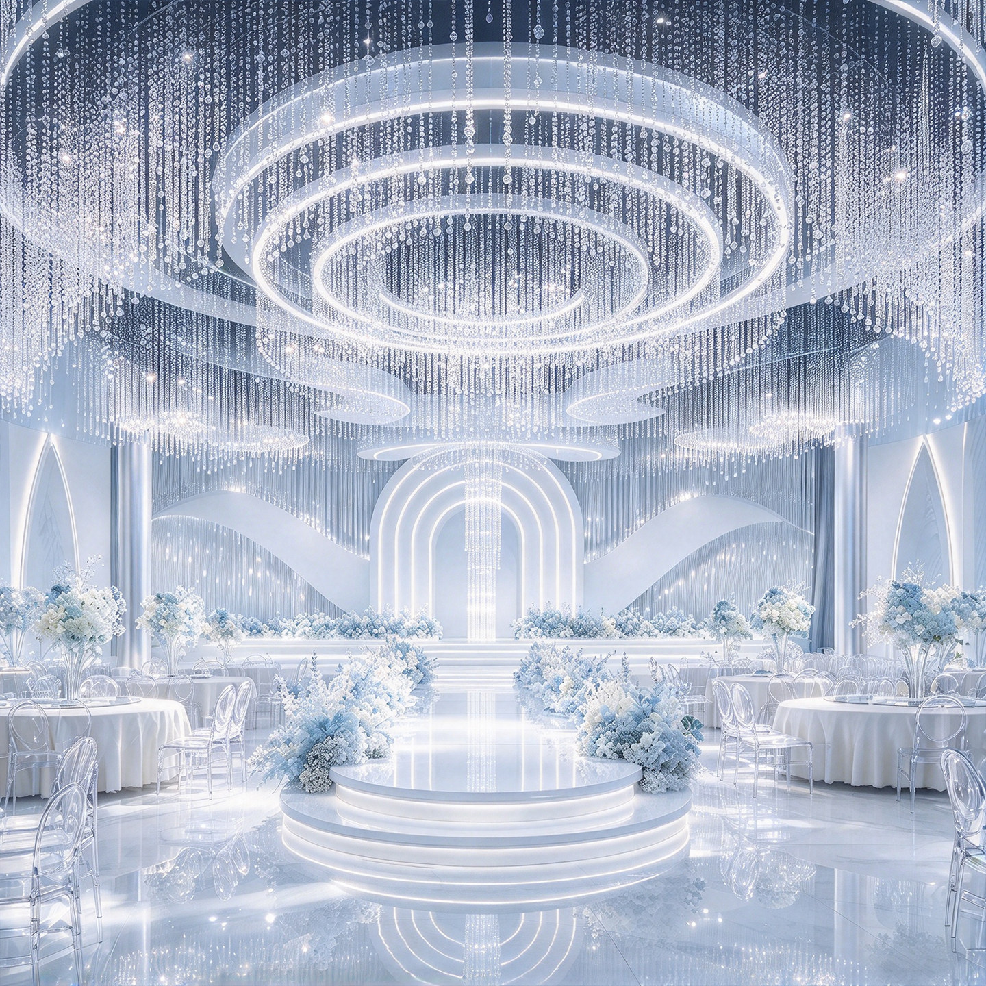 婚宴厅水晶珠帘灯婚礼堂水晶吊顶酒店婚庆灯浪漫氛围灯光设计定制