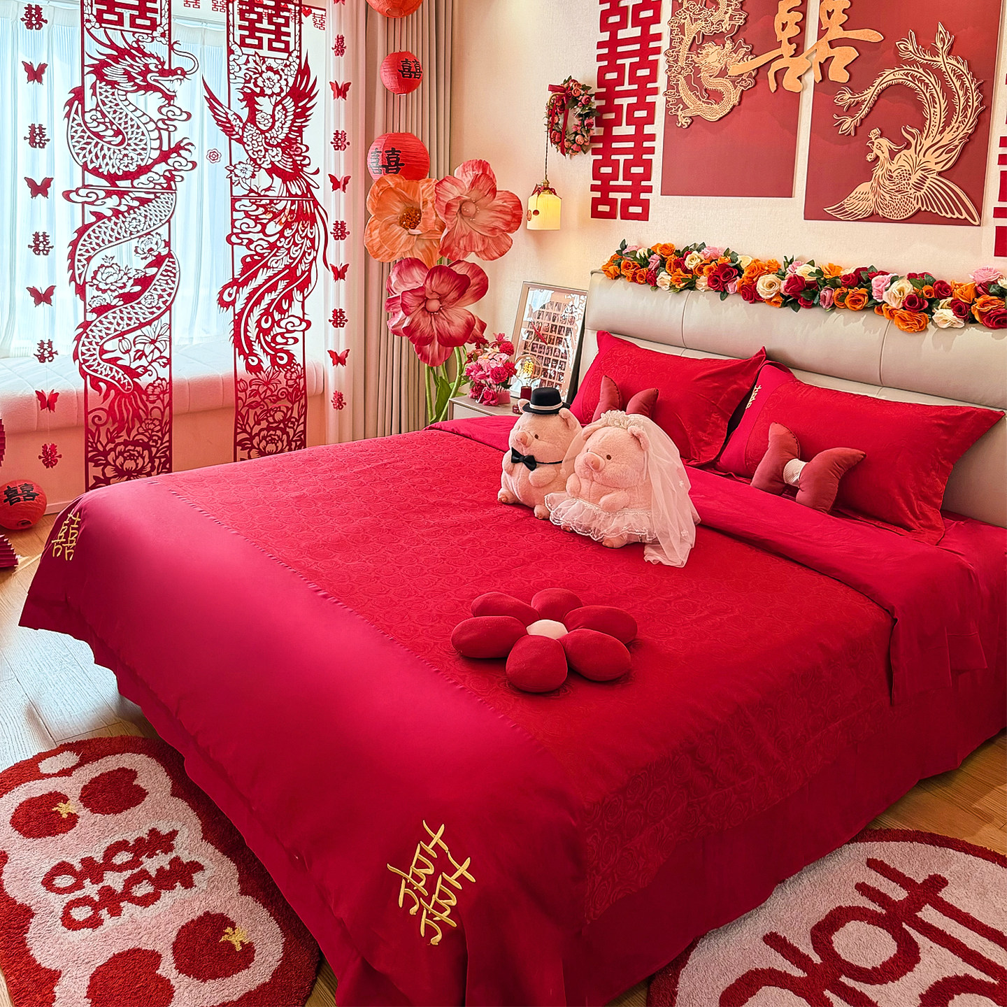 高档结婚全棉四件套红色纯棉提花被套新婚庆礼盒陪嫁床上用品床单