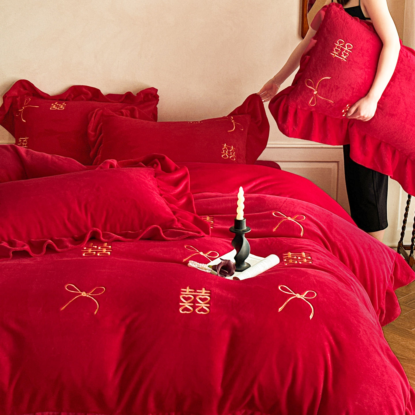 新中式秋冬结婚牛奶绒四件套红色