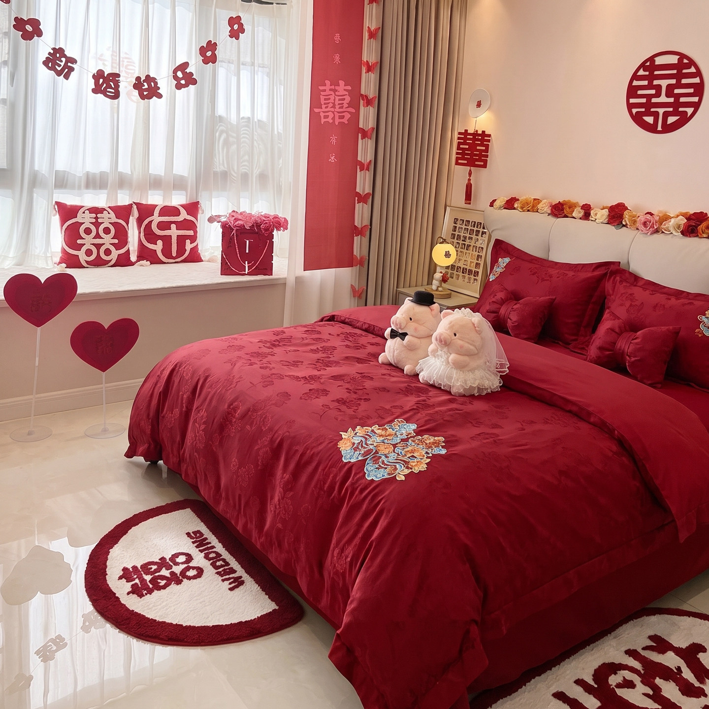 高档100S结婚庆红色提花女方陪嫁四件套嫁娶喜庆被套婚房床单床笠