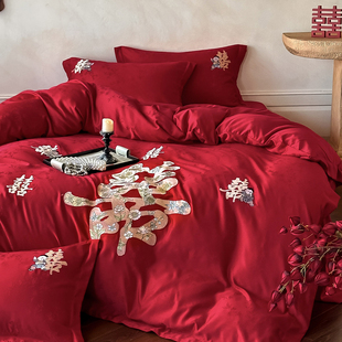 新婚庆纯棉提花四件套红色双喜结婚床上用品全棉被套婚房喜被床单
