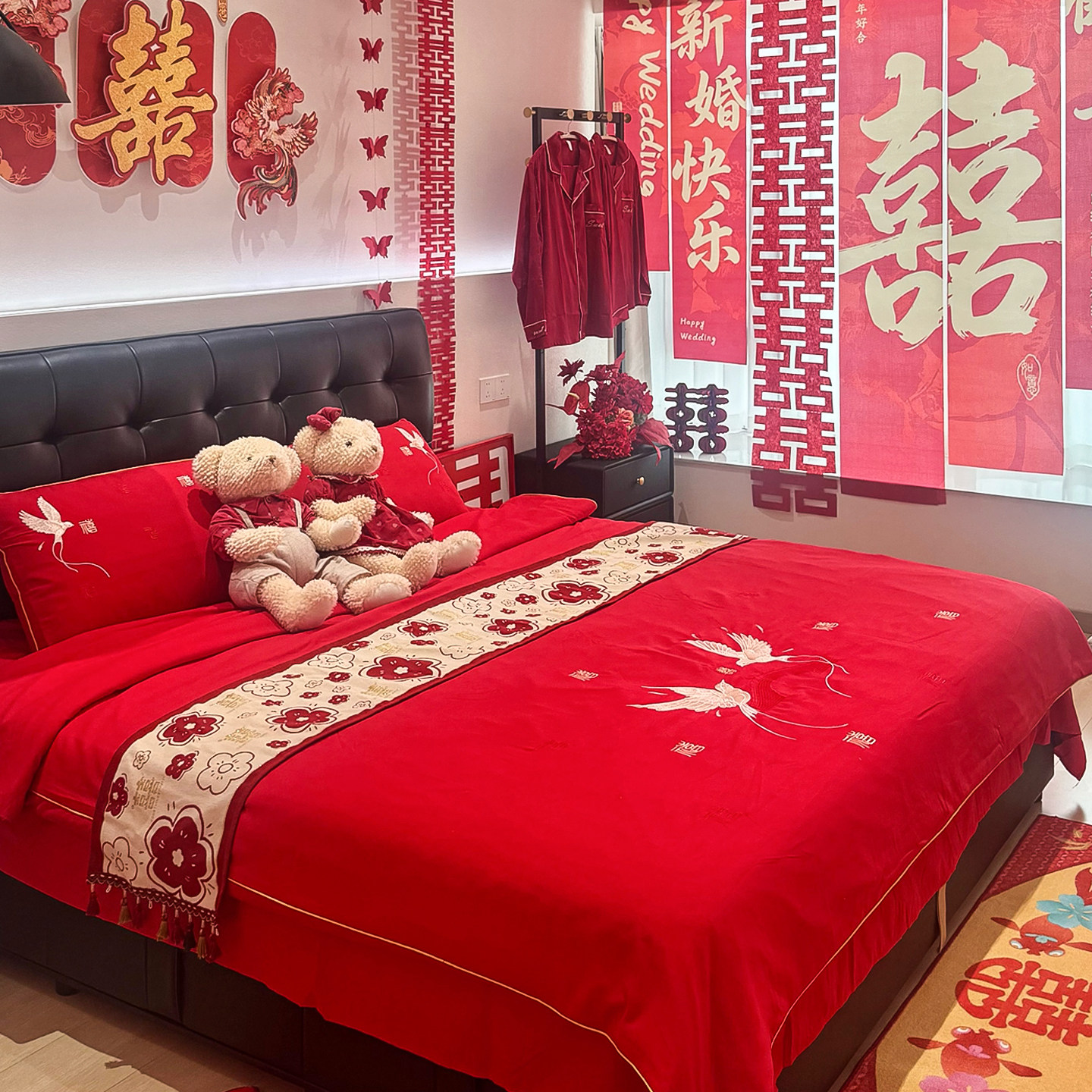 新中式婚庆床上四件套喜庆陪嫁双喜红色结婚被套床上用品床笠床单
