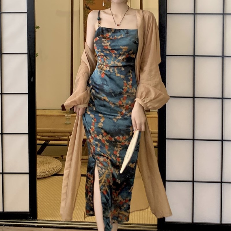 速发大码禅吊新中式国风碎花意带连衣裙开衫辣妹改裙旗袍良套装