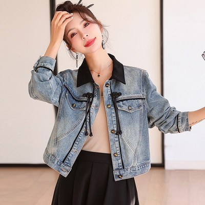 速发复古裙风牛仔短个套配国子春长袖小外子高腰新中式上衣