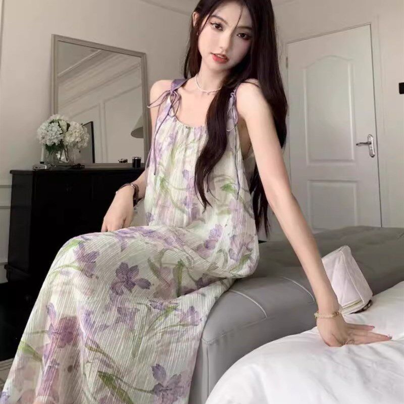 速发(夏内有)甜美紫色碎花吊带连衣裙温柔度假风里季气质垂感长