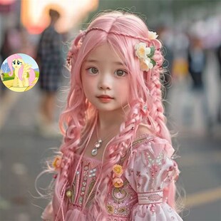 速发儿童假发柔柔粉色长卷发可爱公主空头刘海节日全气套