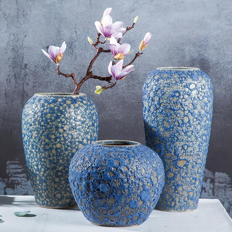 速发复古新中式蓝色泡饰釉粗插台面陶瓷干花花瓶陶花器客厅摆件装