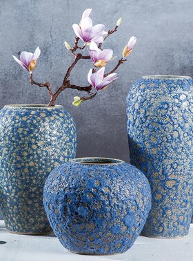 速发复古新中式蓝色泡饰釉粗插台面陶瓷干花花瓶陶花器客厅摆件装