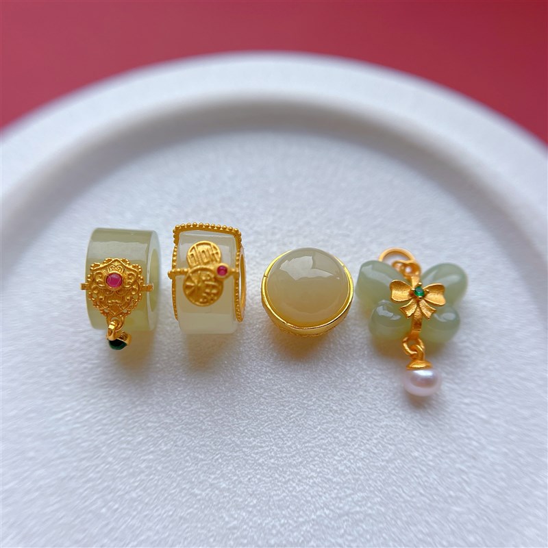 速发s古法银镀金配件镶嵌和田玉手排弯管蝴蝶吊坠跑环手链编绳