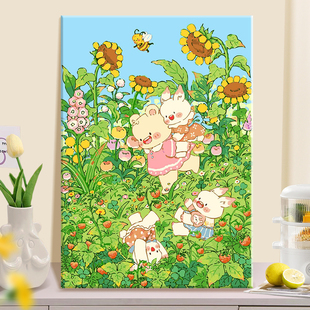 速发清凉夏日数手油画丙烯填充字绘插画治愈系减压色彩涂油画