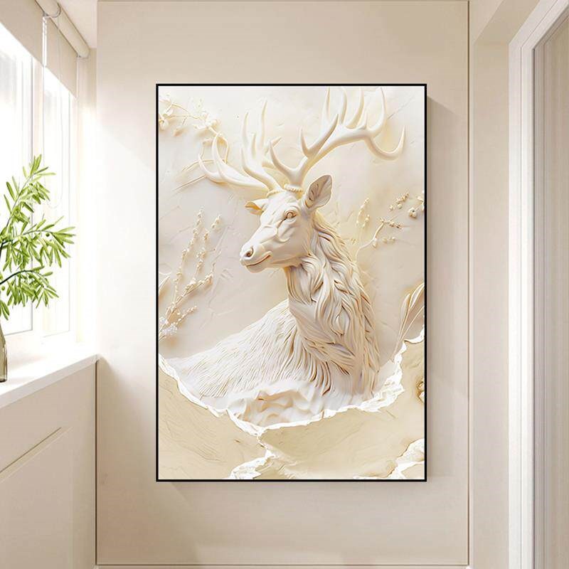 速发奶油风入户玄关装饰画浮雕立体感高级肌理画麋鹿客厅走廊过道