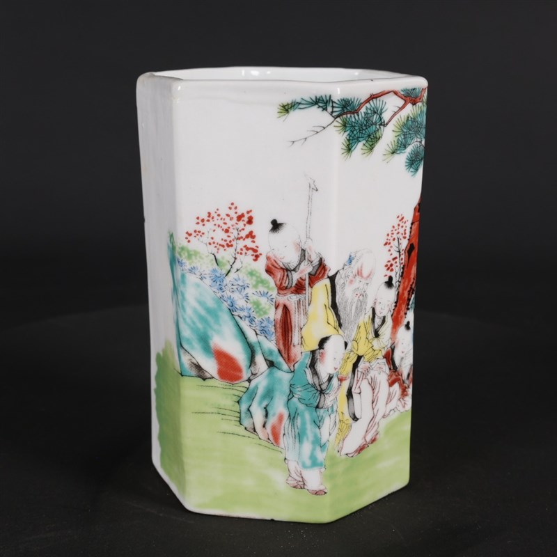 速发古玩收藏瓷器粉彩设物故事图纹粉六方笔筒摆人仿瓷器小彩麒