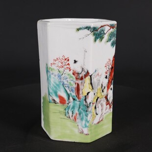 速发古玩收藏瓷器粉彩设物故事图纹粉六方笔筒摆人仿瓷器小彩麒
