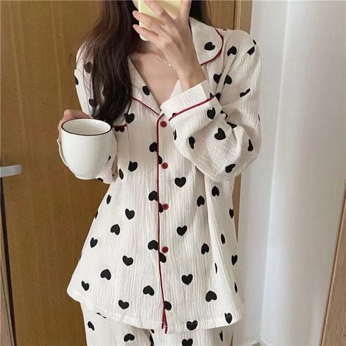 2024新款睡衣女春秋季棉纱长袖长裤甜美爱心可外穿家居服套装