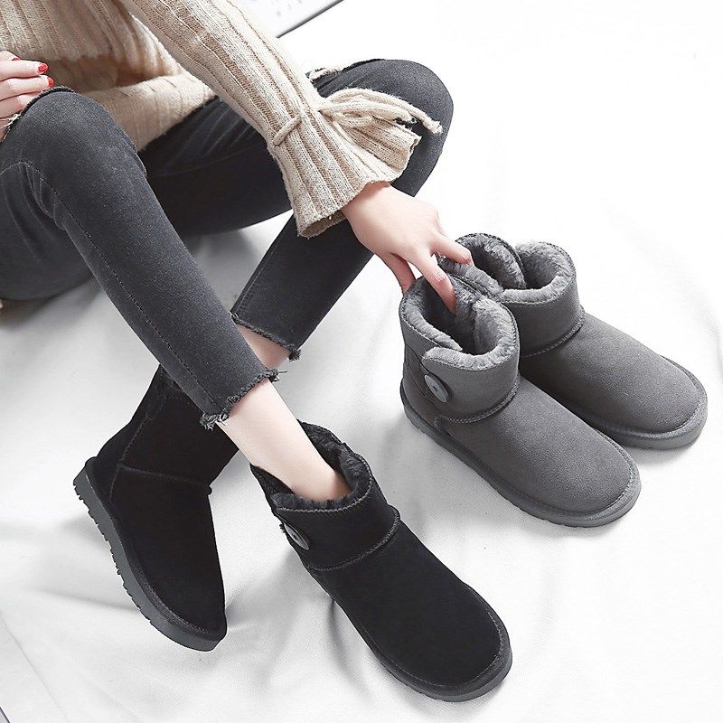 雪地靴女冬牛皮毛一体纽扣短筒加绒保暖棉鞋加厚面包鞋防滑雪地鞋