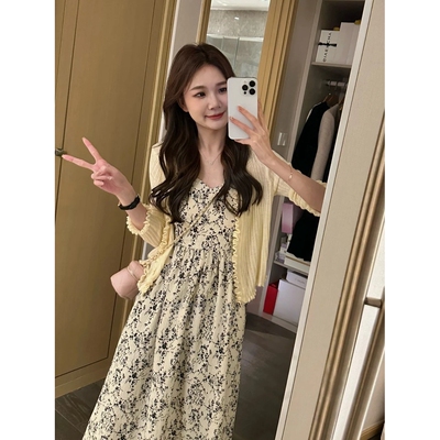 法式碎花吊带连衣裙+开衫套装女早春小个子茶歇洋气显瘦气质长裙