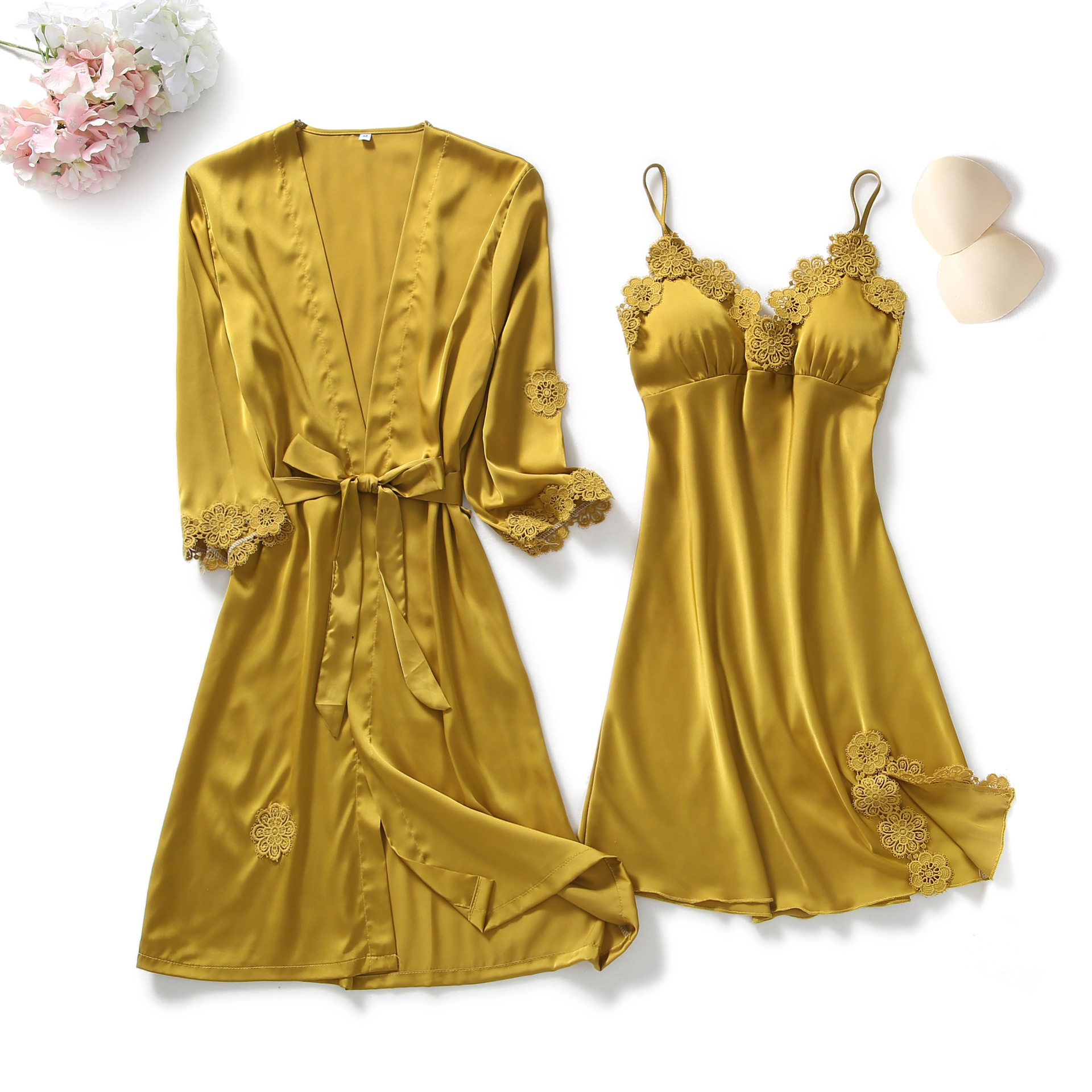 yellow robes suit autumn women nightgown sets