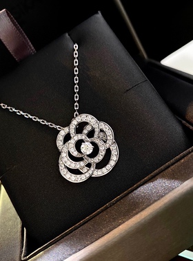 银镀18k铂金高碳钻山茶花项链