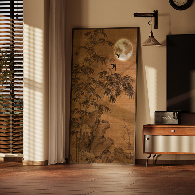 中式明月墨竹装饰画客厅玄关茶室竖版挂画民宿走廊过道背景墙壁画