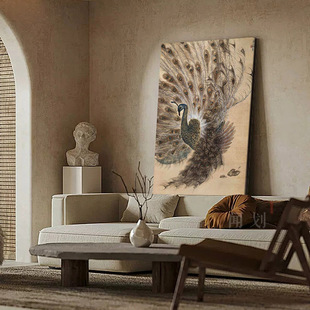 宋氏美学中式孔雀开屏挂画中古风装饰画客厅玄关背景墙侘寂风壁画