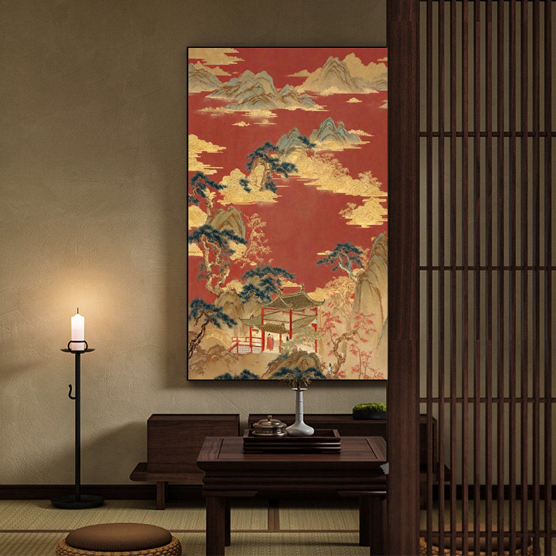 中式深山建筑装饰画客厅卧室背景墙竖版壁画茶室书房过道挂画古画