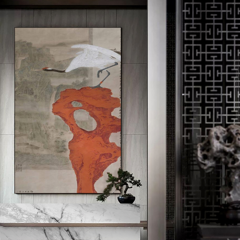 新中式竖版现代简约铝合金客厅卧室玄关挂画书房中国风太湖石仙鹤
