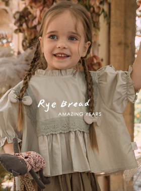 ryebread/黑面包童装 韩系花苞袖女小童蕾丝拼接宽松小衫ZS4夏