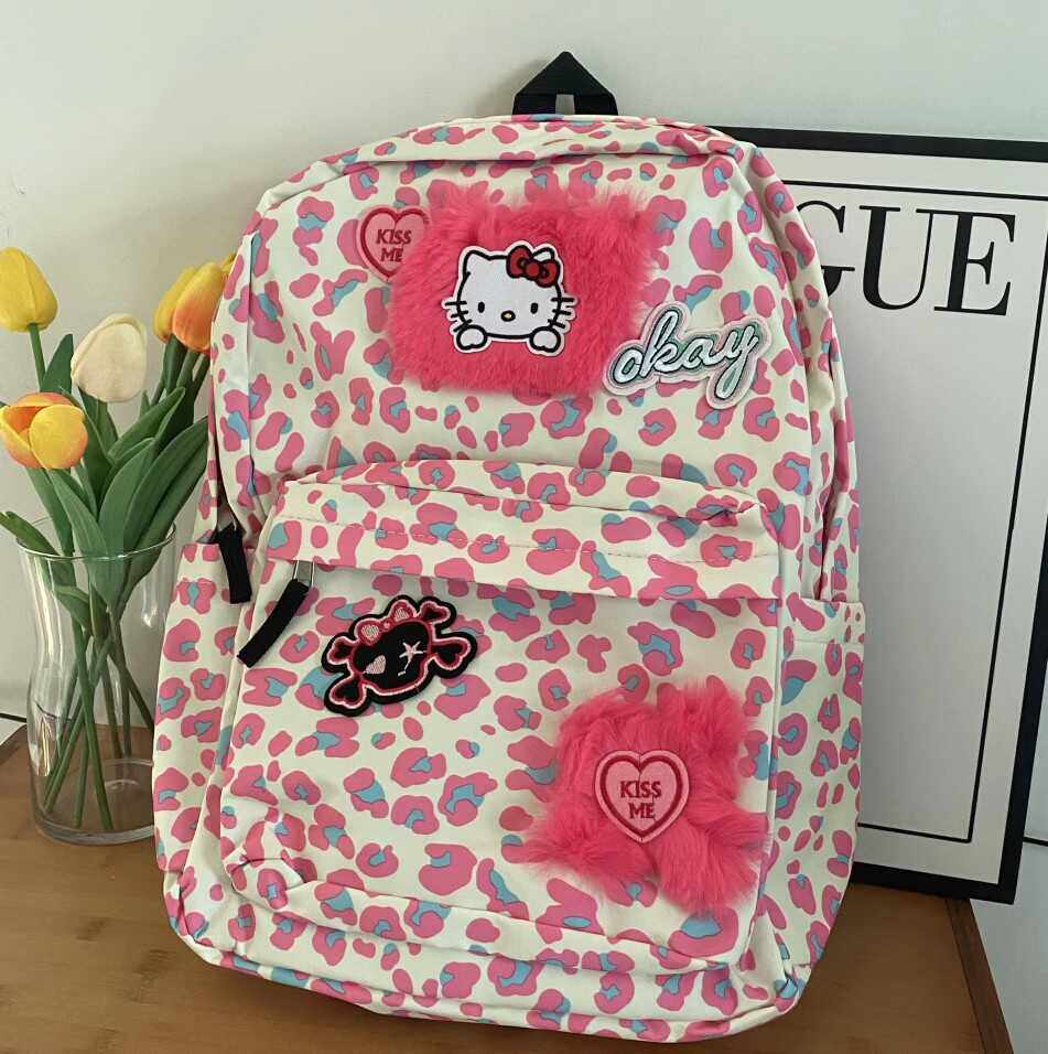 法国Fad Karan可爱粉红豹纹大容量双肩包Y2K千禧小众书包KT书包