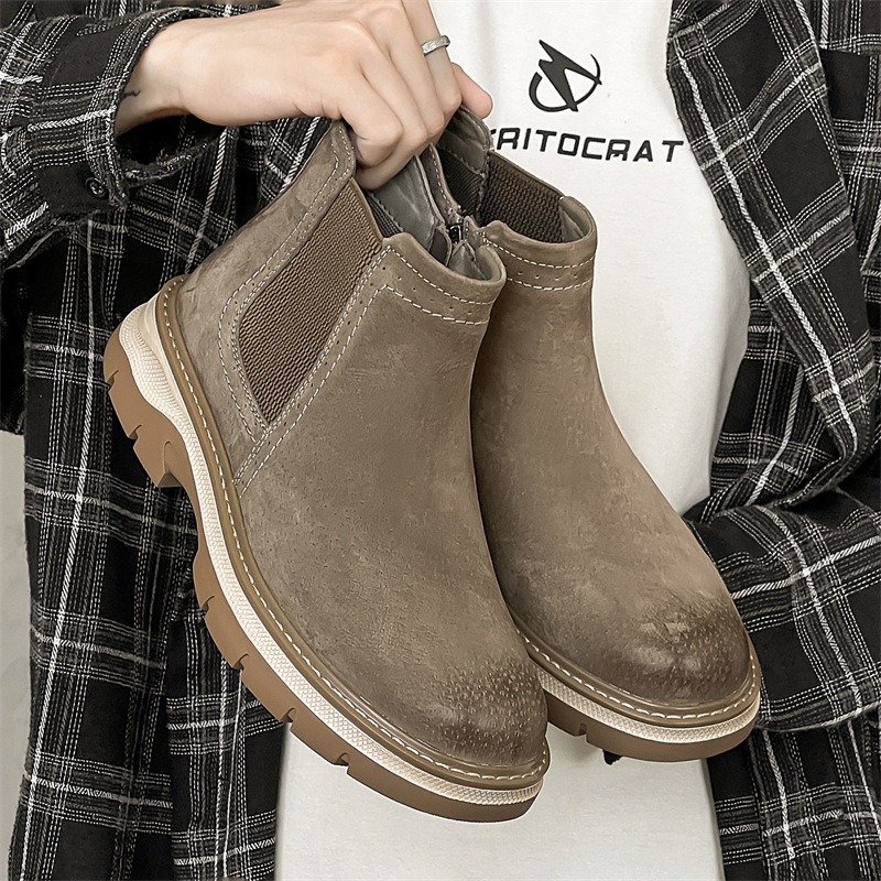 真皮切尔西马丁靴男2024英伦风百搭复古韩版高帮工装靴一脚蹬