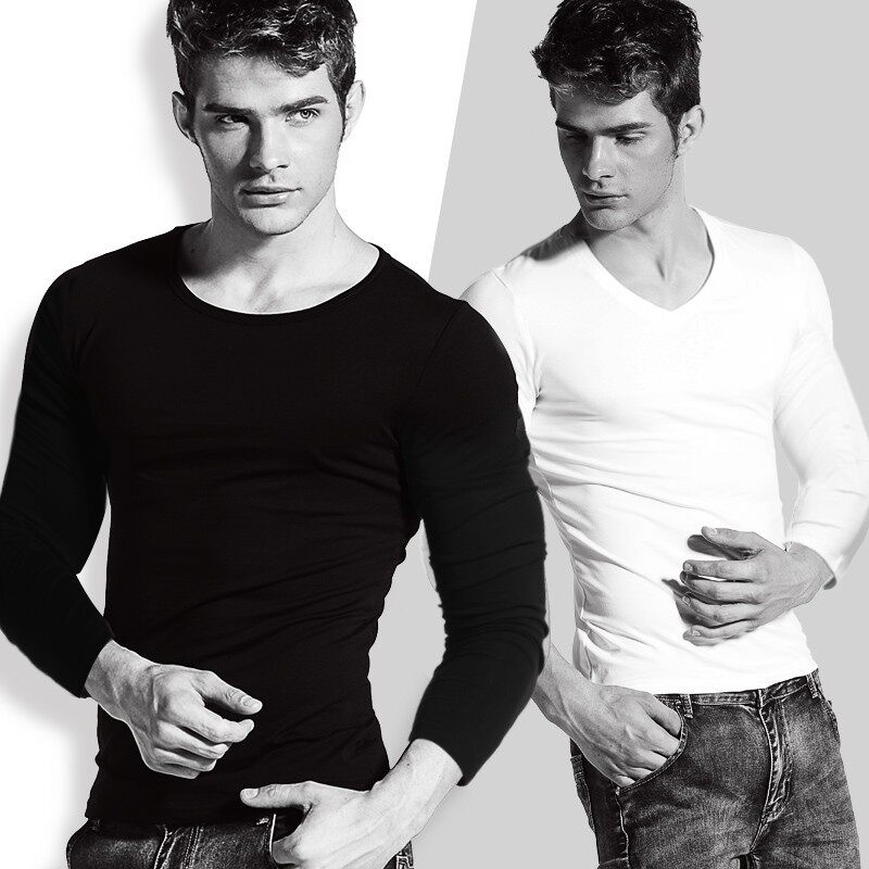 长袖t恤男士秋冬打底衣低领修身紧身V领圆领内搭纯色上衣打底衫