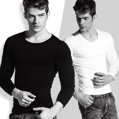 长袖t恤男士秋冬打底衣低领修身紧身V领圆领内搭纯色上衣打底衫