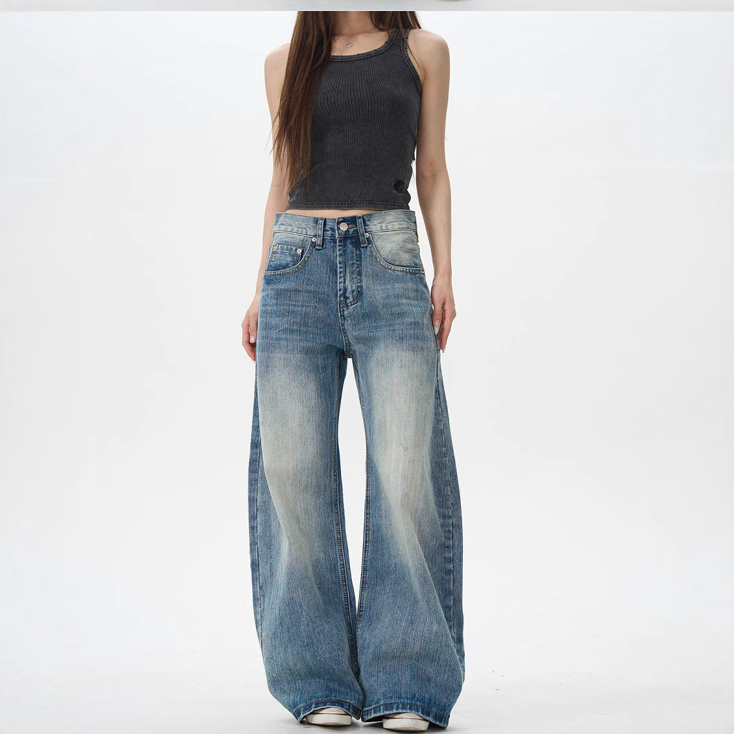 潮牌个性美式复古水洗竹节纹弯刀牛仔裤男女宽松阔腿直筒裤子痞帅