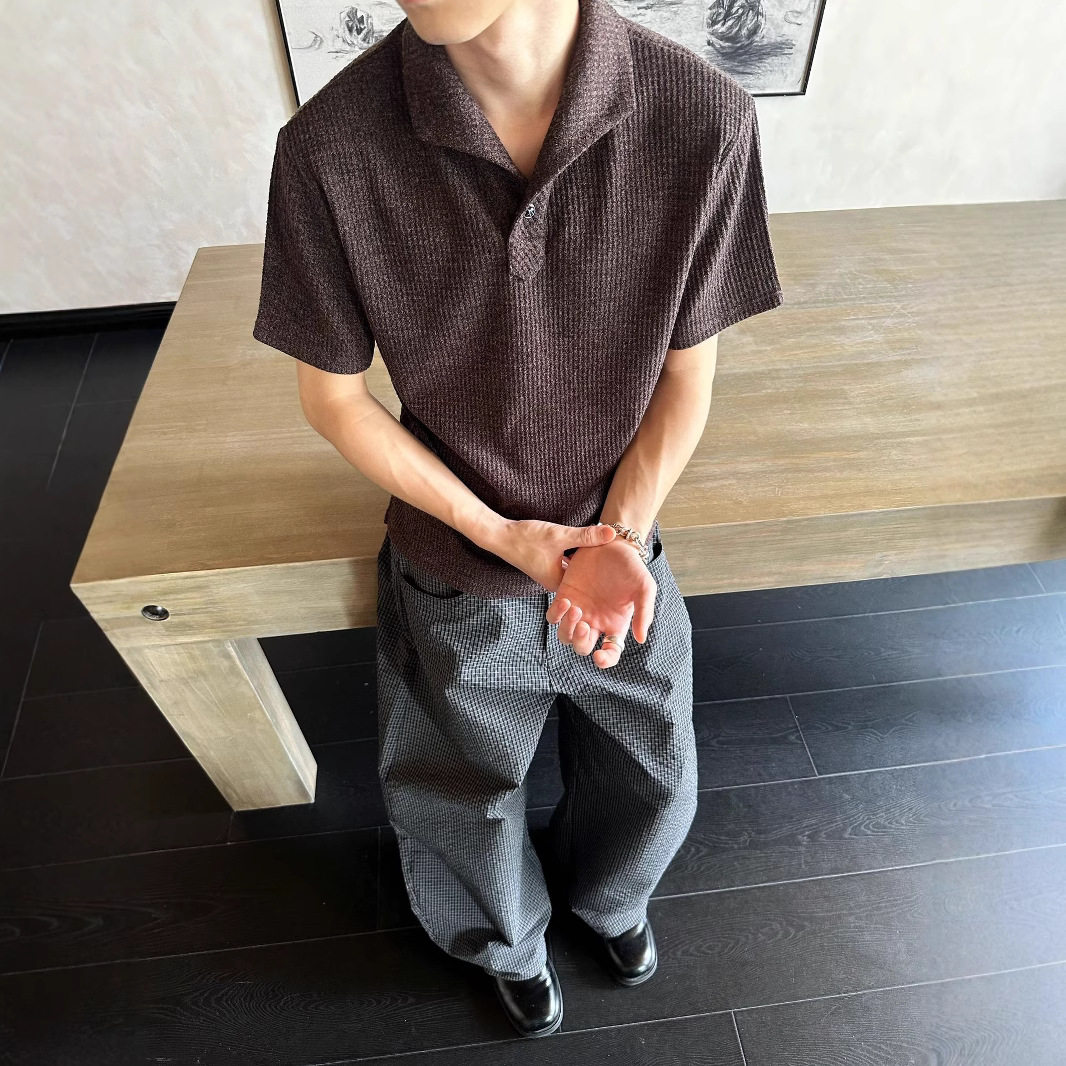 EME易盛易 轻奢罗马格意式一片领猫眼石扣正肩短袖打底polo衫男图片