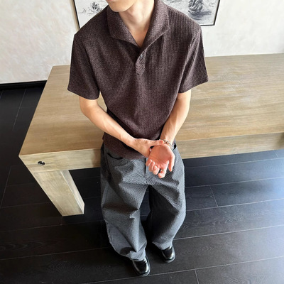 EME易盛易 轻奢罗马格意式一片领猫眼石扣正肩短袖打底polo衫男