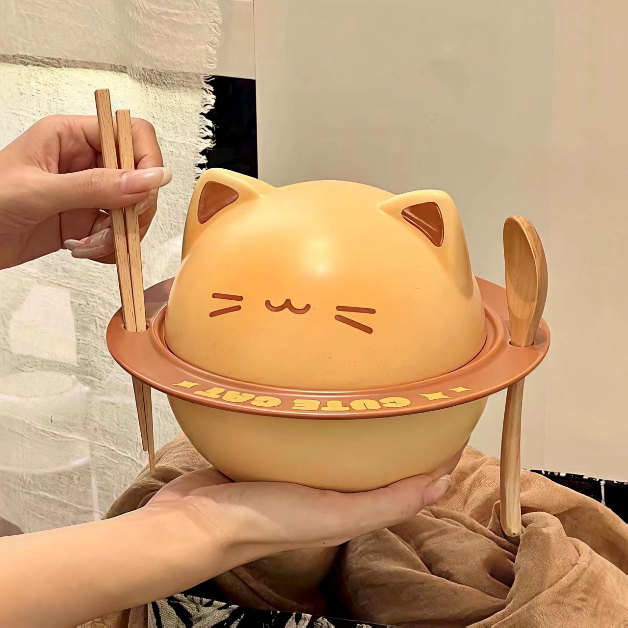可爱稀奇古怪猫咪泡面碗陶瓷带盖