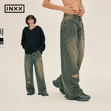 【INXX】Standby 潮牌不规则破洞牛仔裤男复古怀旧水洗直筒裤长裤